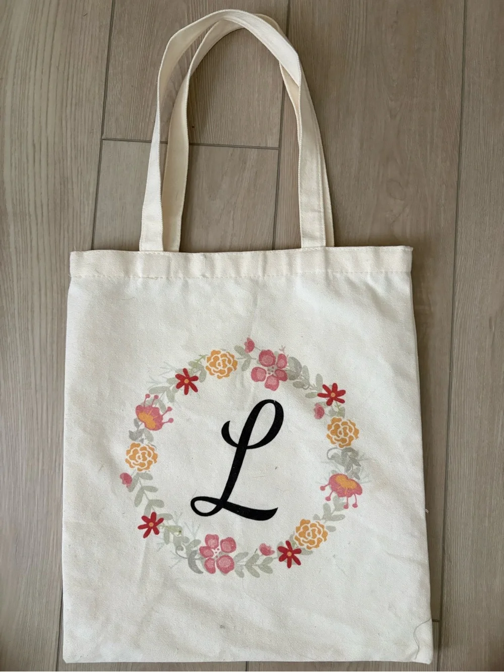 Monogrammed Ivory Canvas Tote Bag with Floral Wreath - L